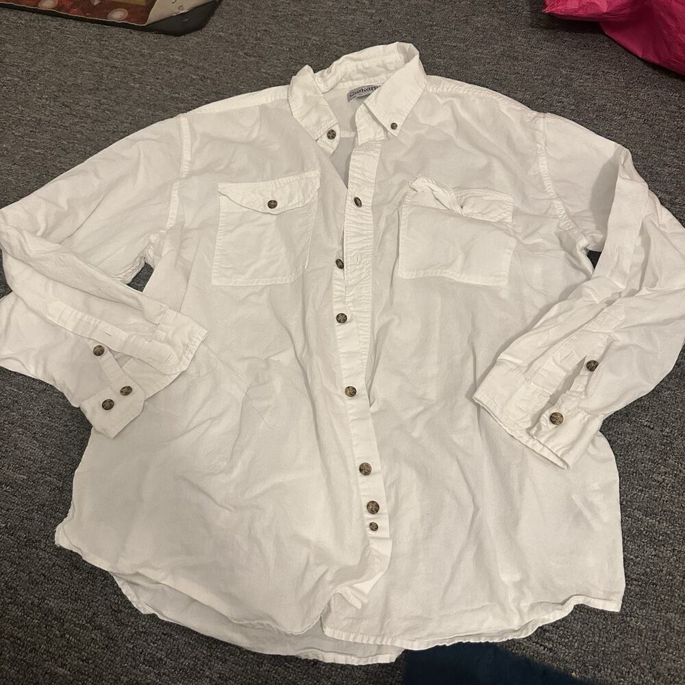 Carhartt Mens 2XL Button Down White Shirt w/ Pockets Long Sleeve Cotton